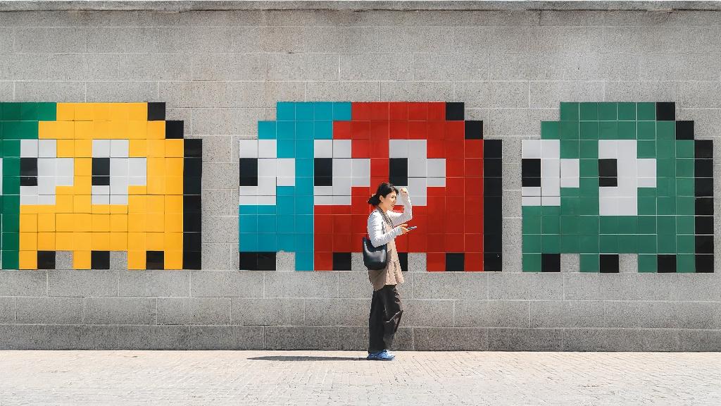 Expanded Pac-Man arcade scene after AI image expansion